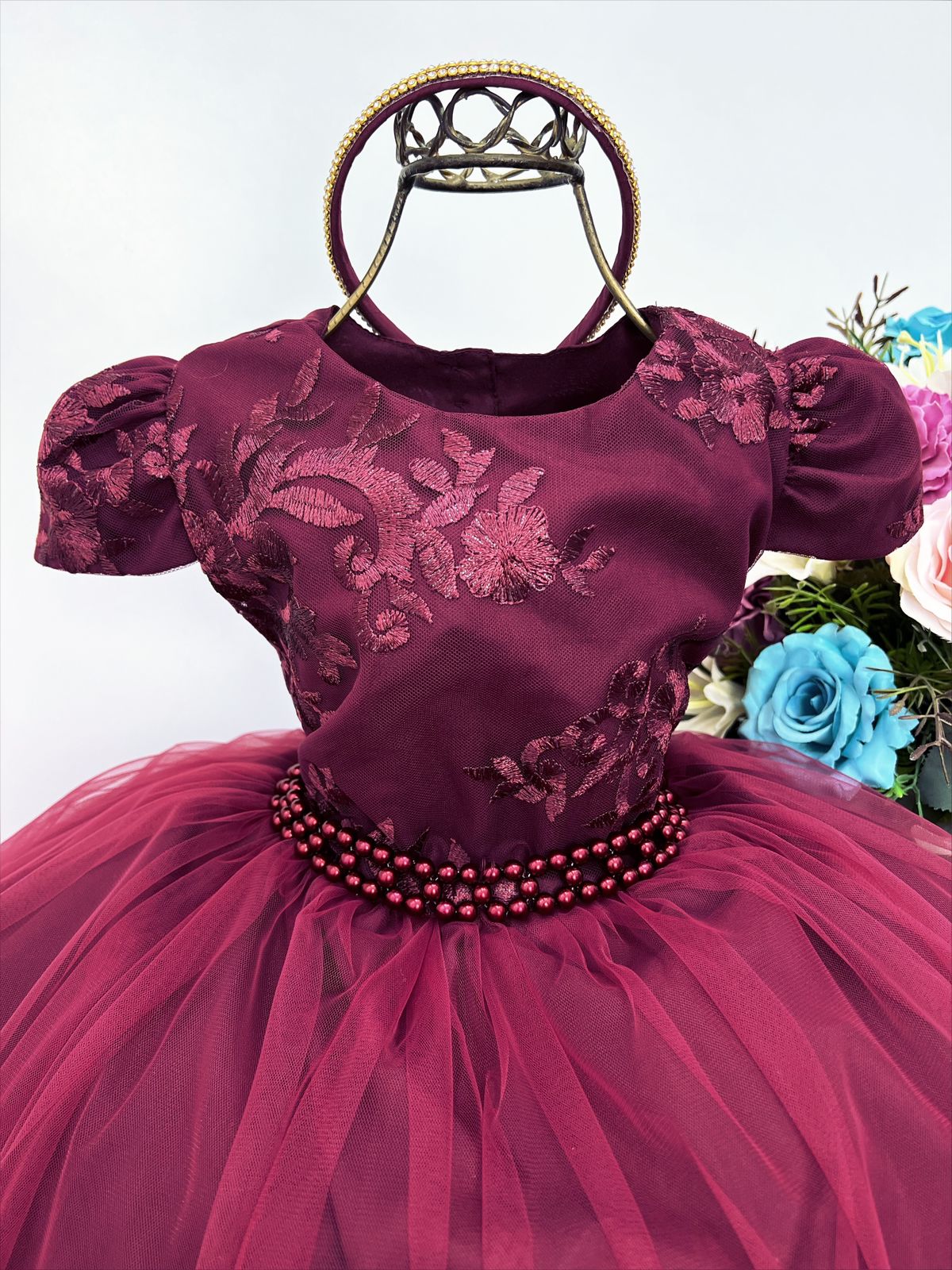 Vestido Infantil Marsala C Renda Cinto P Rolas Tiara Luxo Rosa