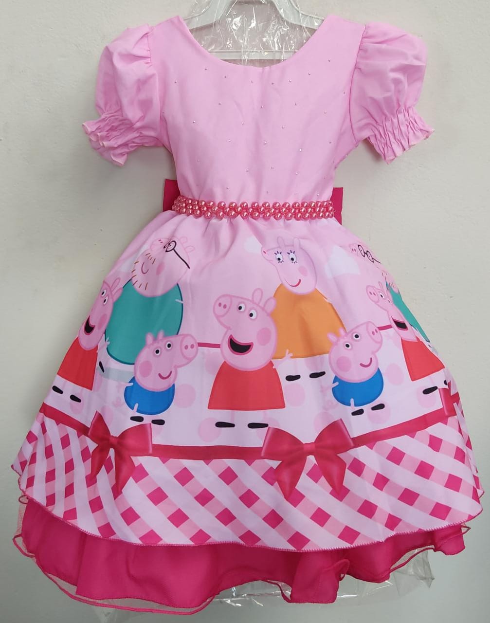 Vestido Infantil Família Peppa Rosa Chiclete Peito Strass Rosa