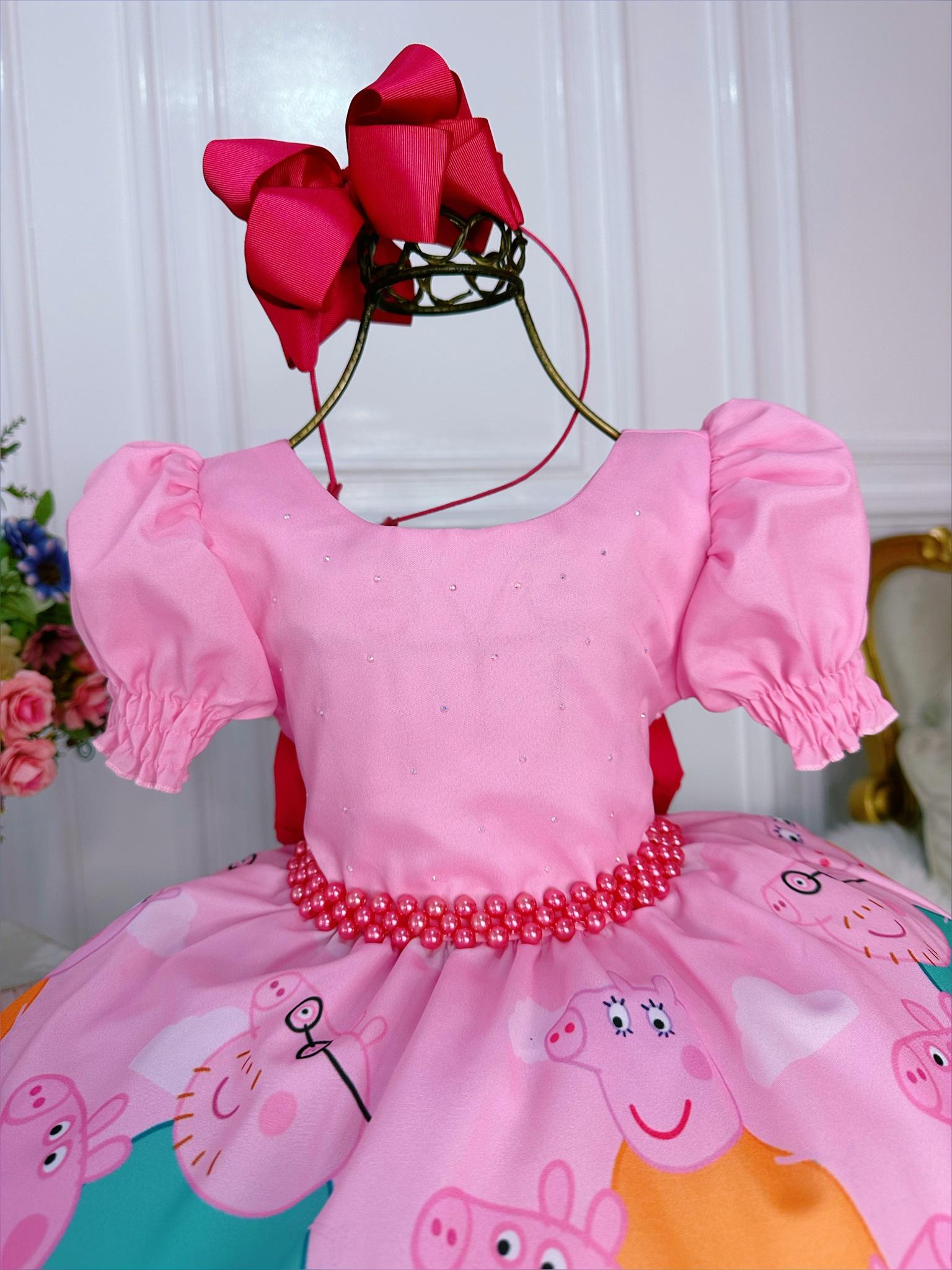 Vestido Infantil Família Peppa Rosa Chiclete Peito Strass Rosa