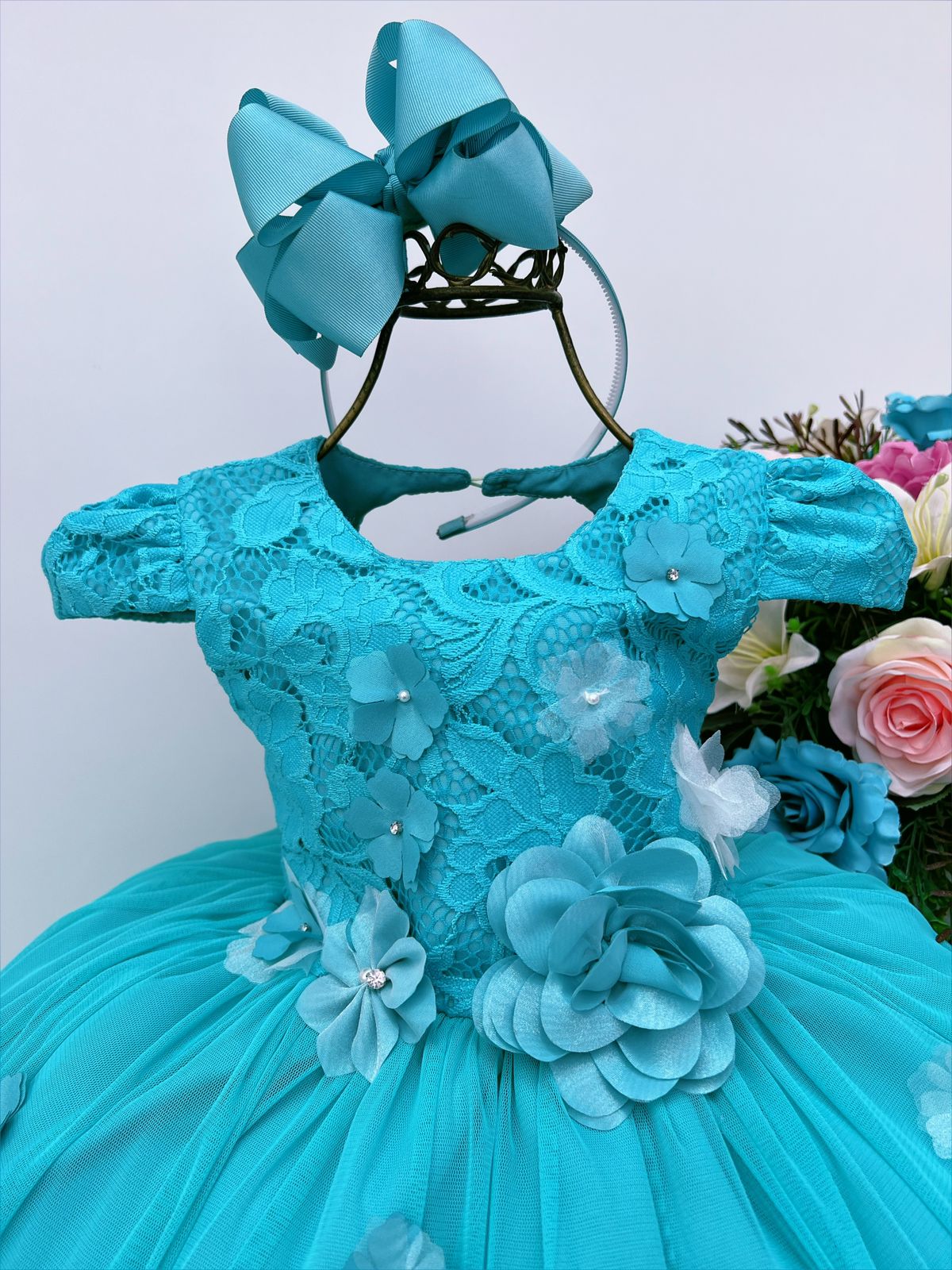 Vestido Infantil Verde Tiffany Rendado Flores Aplique Luxo Rosa