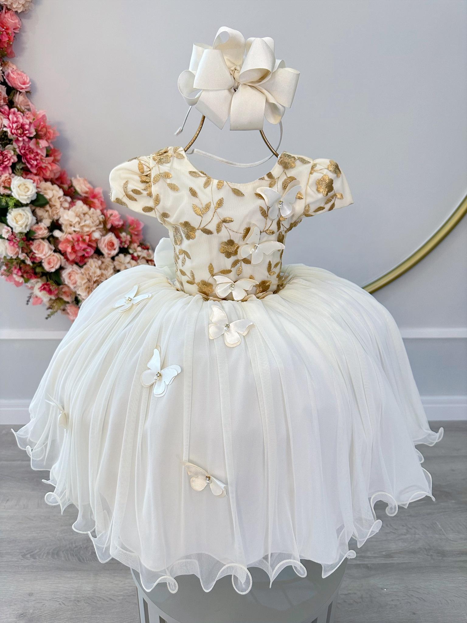 Vestido Infantil Marfim C Renda Aplique Flores Strass Luxo Rosa