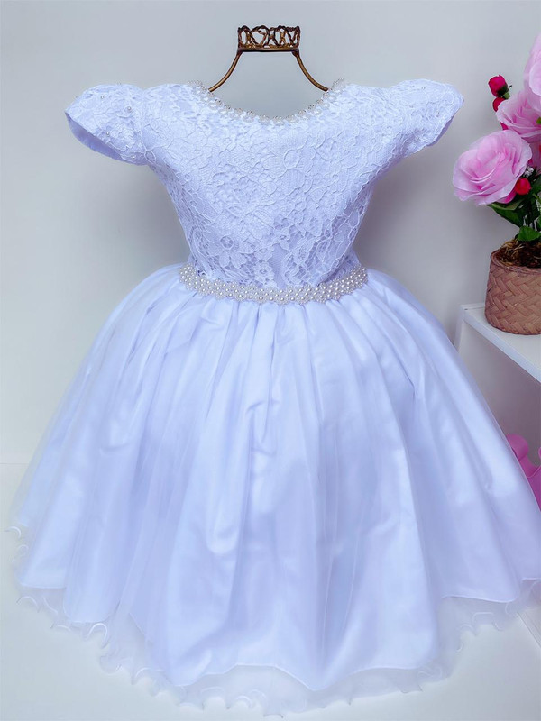 Vestido Infantil Branco Renda Luxo Cinto Pérolas Princesas