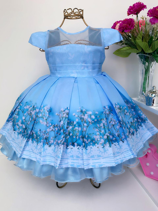 Vestido Infantil Azul Daminhas e Princesas Floral Luxo