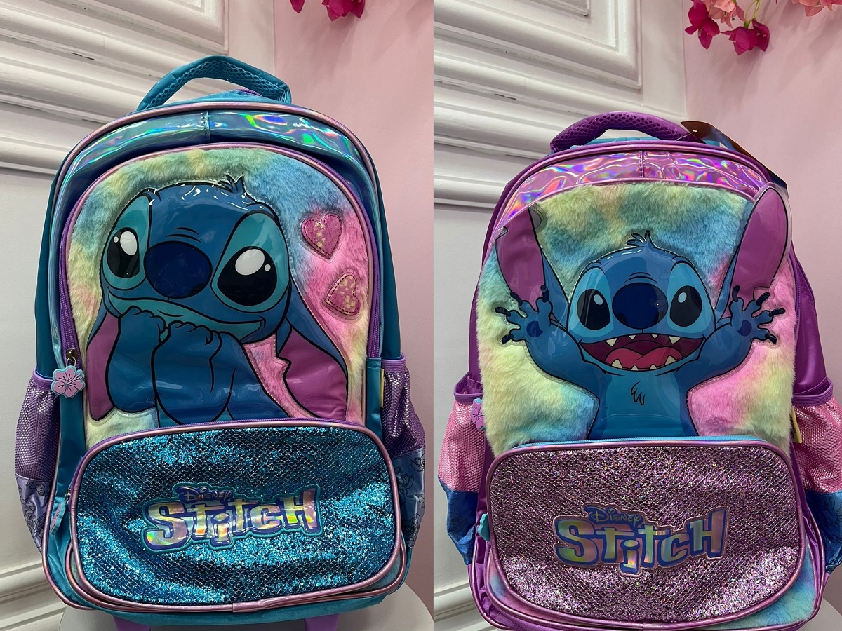 Mochila Infantil C/ Rodinhas do Lilo Stitch e Angel Azul ou Roxo