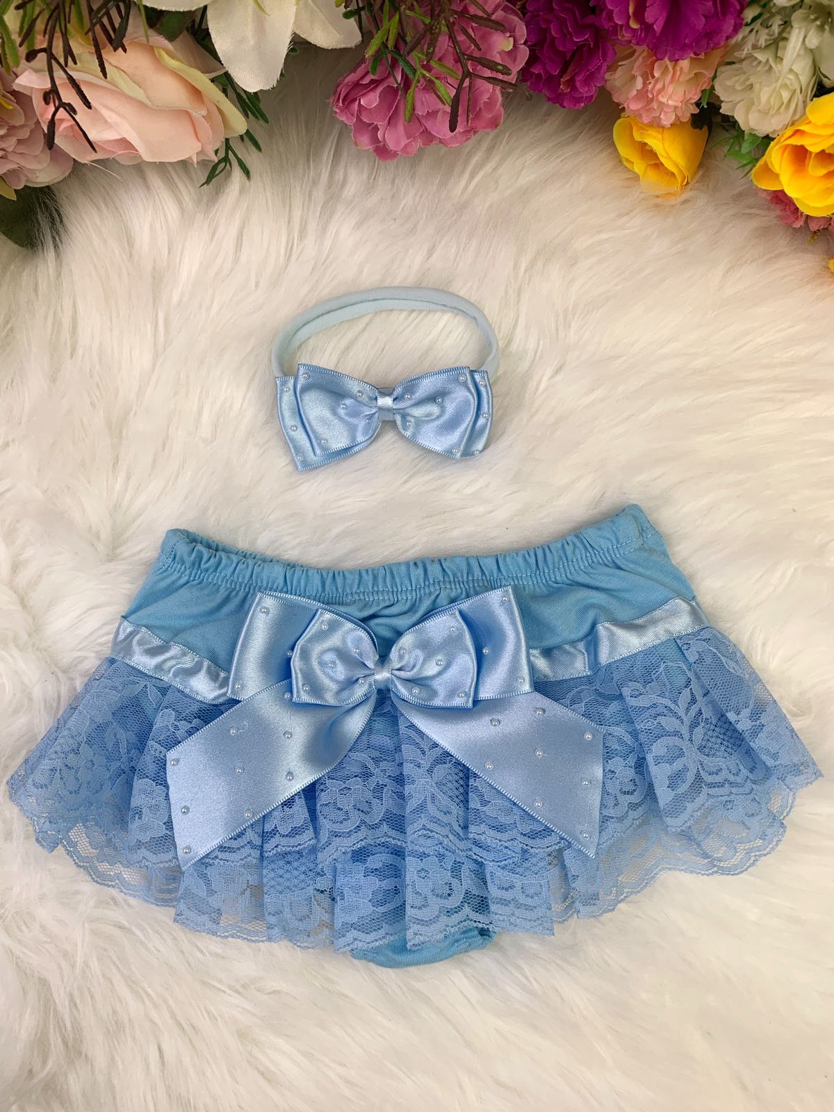 Kit Calcinha Bunda Rica Com Faixa Azul Lacinho de Pérolas