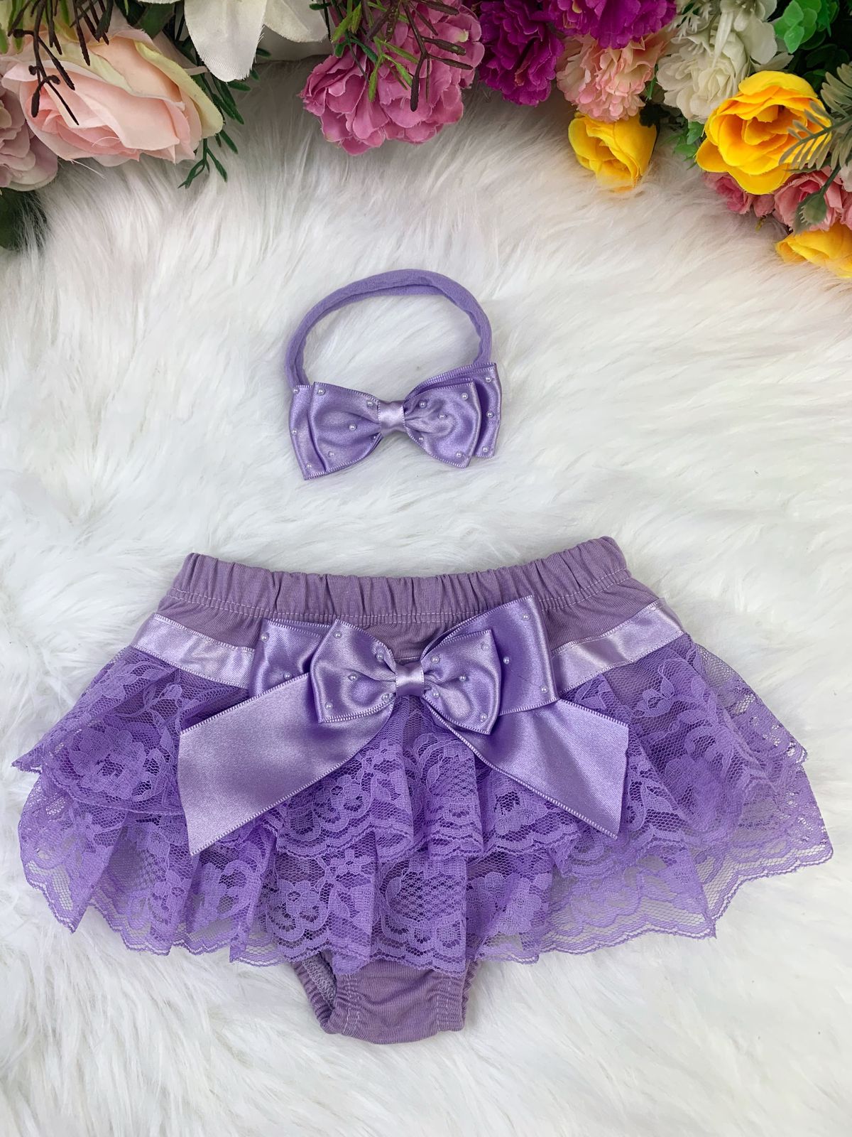 Kit Calcinha Bunda Rica Com Faixa Lilás Lacinho de Pérolas