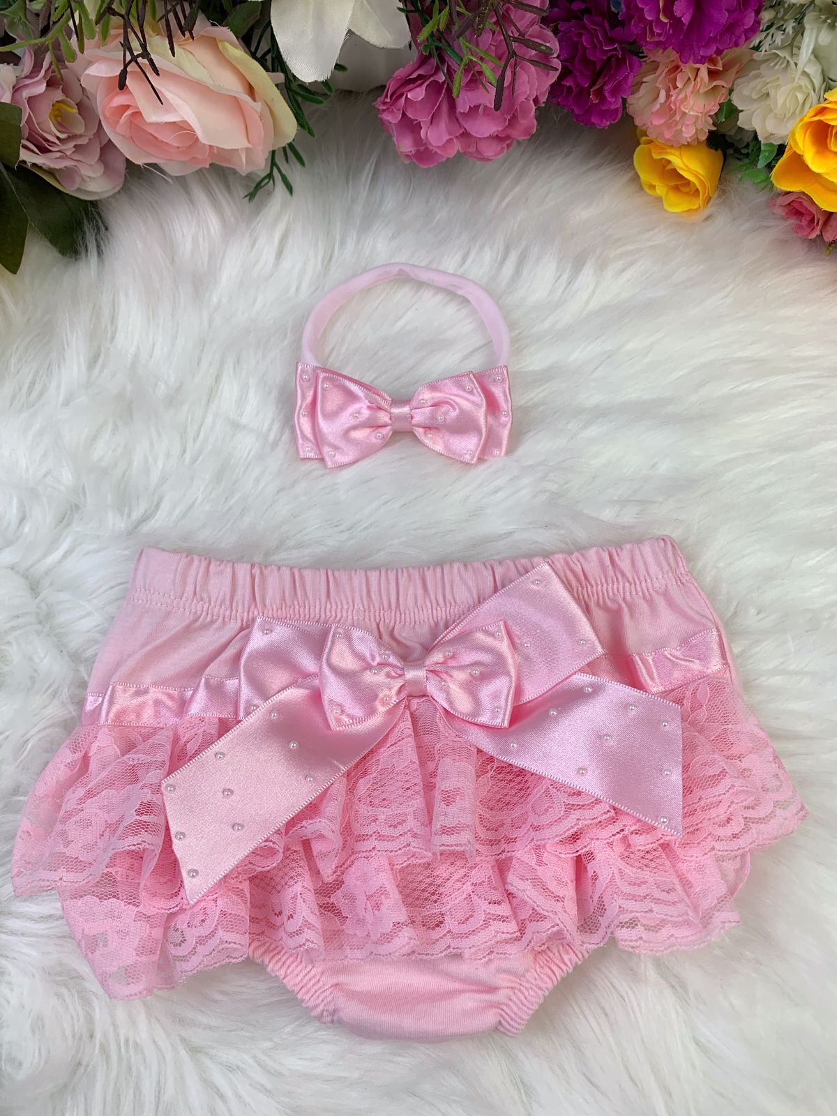 Kit Calcinha Bunda Rica Com Faixa Rosa Bebê Lacinho Pérolas