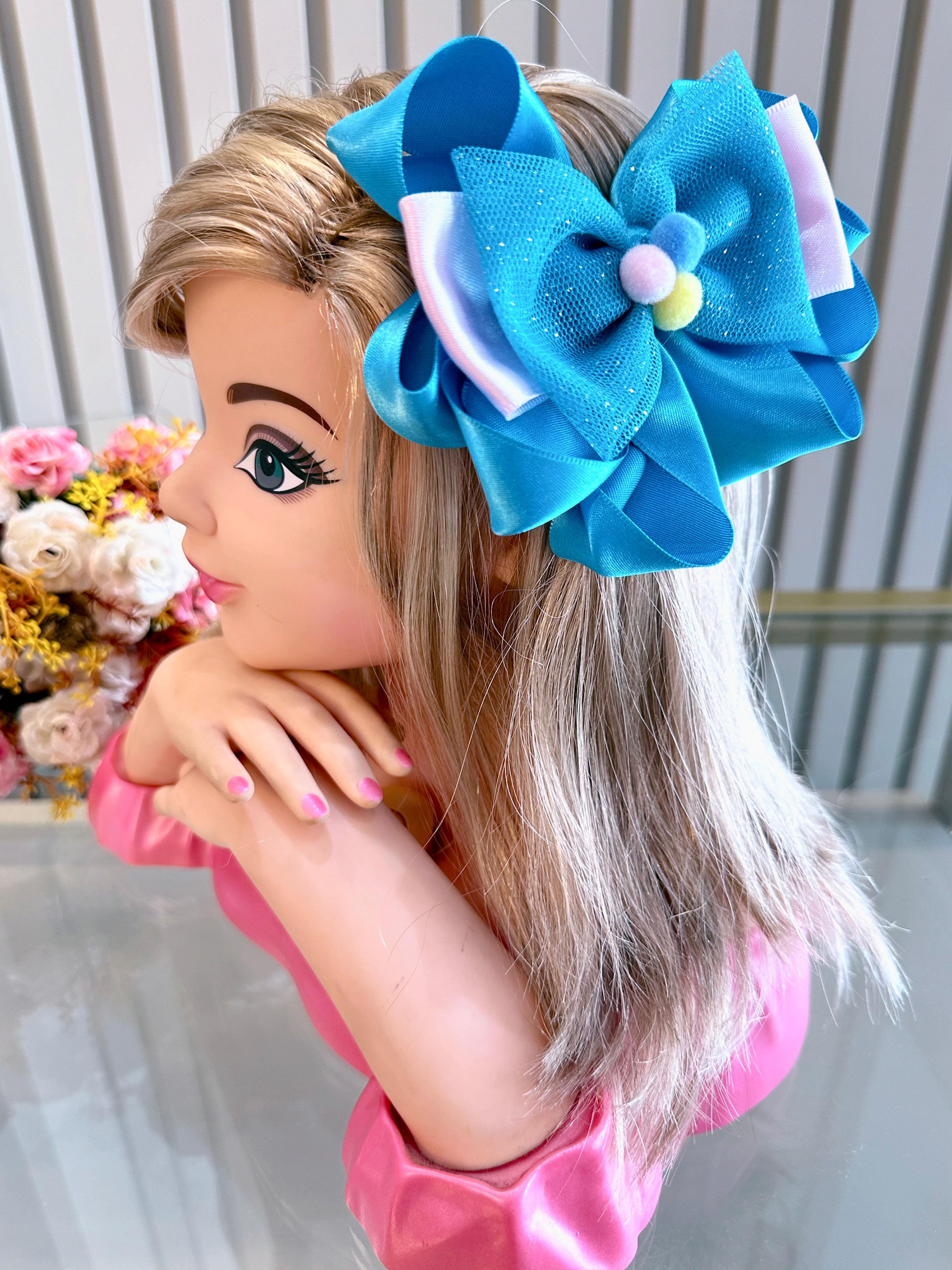 Laço Infantil Azul e Rosa com Pompons Festas Luxo