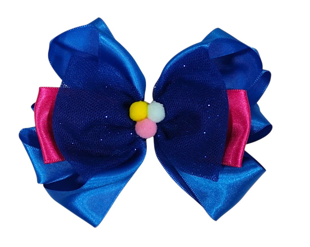 Laço Infantil Azul Royal e Pink com Pompons Festas Luxo