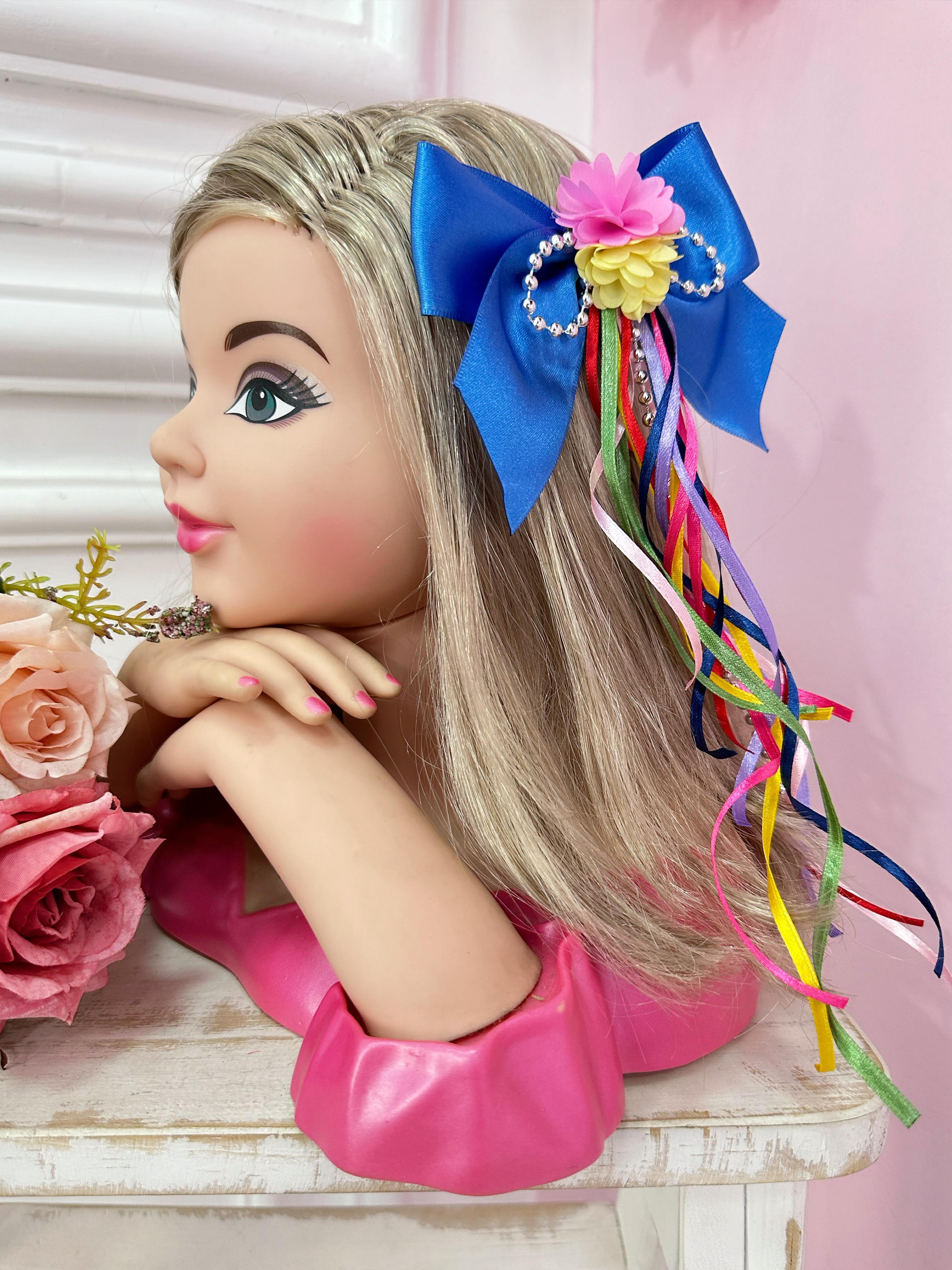 Laço Infantil Junino Azul Royal Com Fitas e Aplique Flor