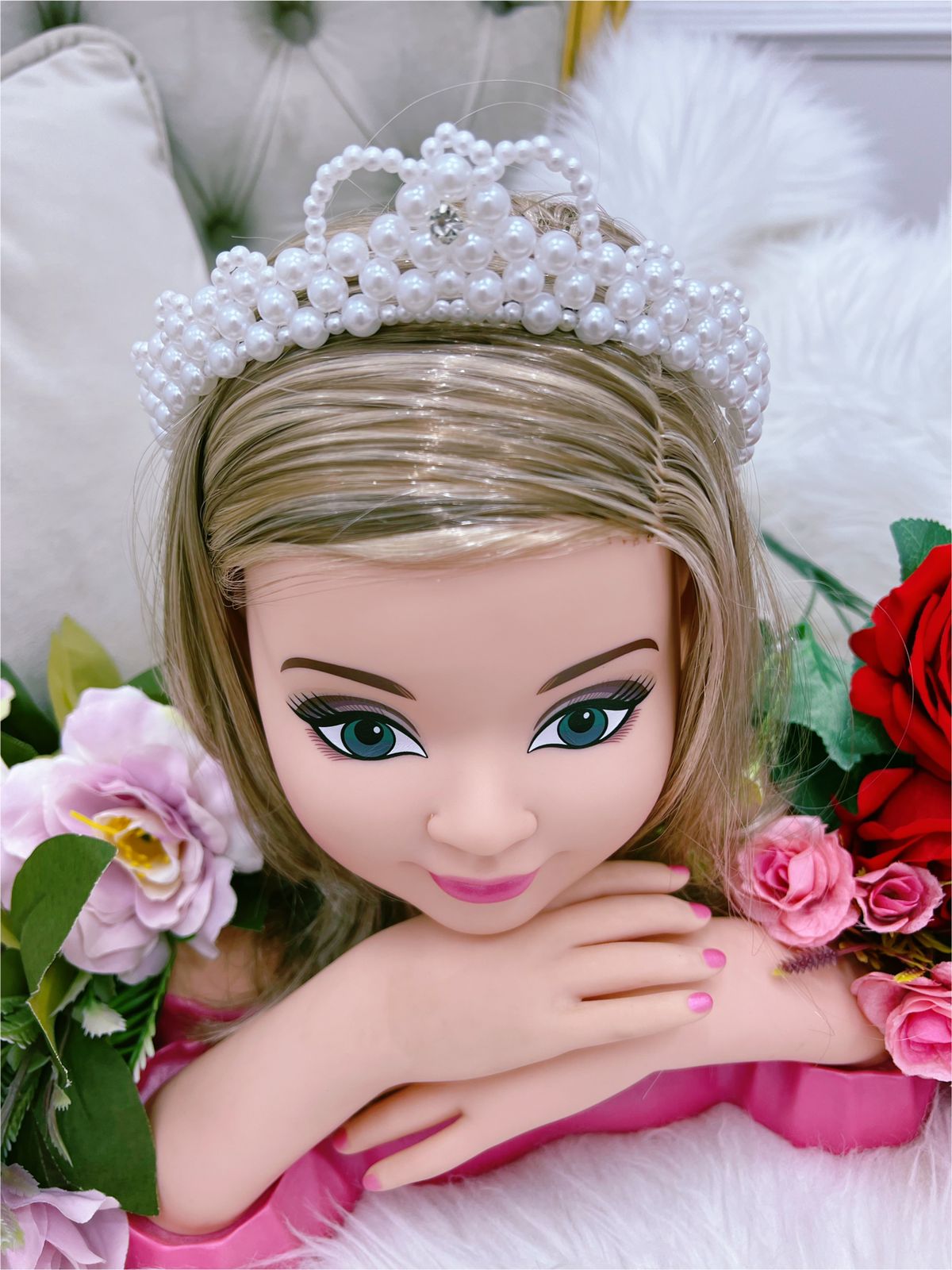 Tiara Infantil Princesa Coroa de Pérolas Brancas e Strass Rosa