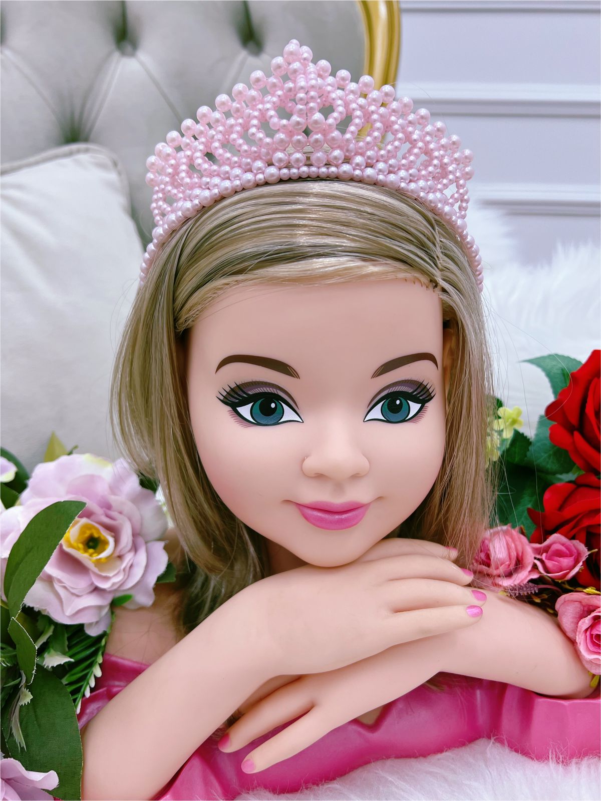 Tiara Infantil Realeza Coroa de Pérolas Rosa Super Luxo