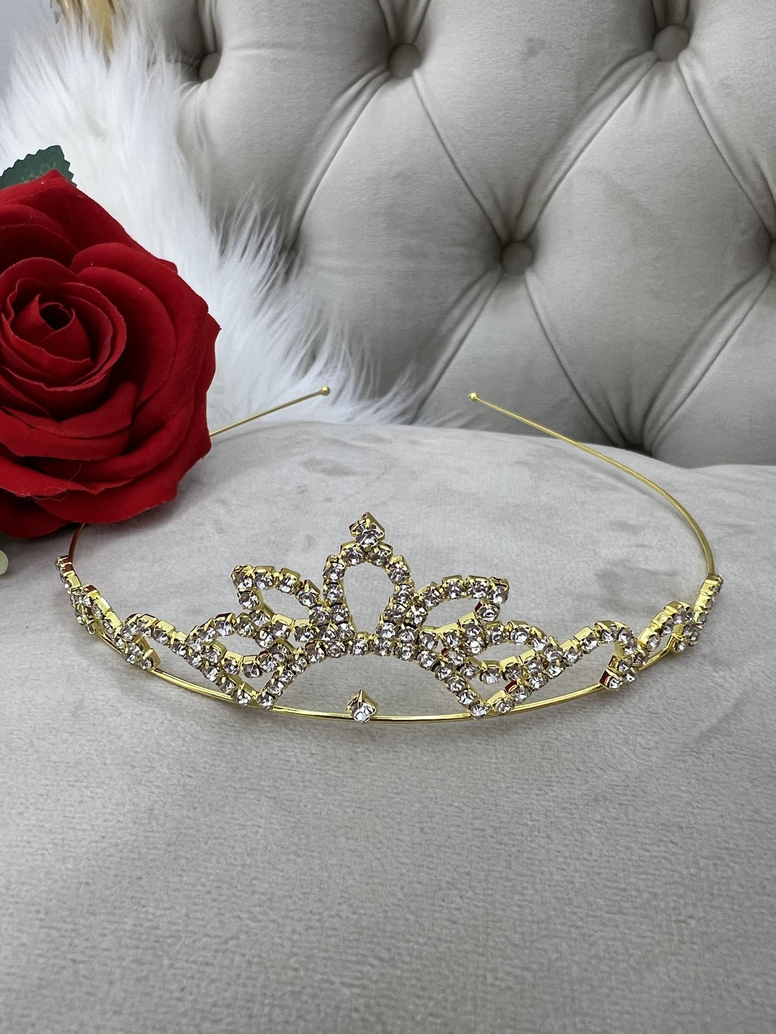 Coroa Infantil Princesa Dourada Pétalas C/ Strass Super Luxo Rosa