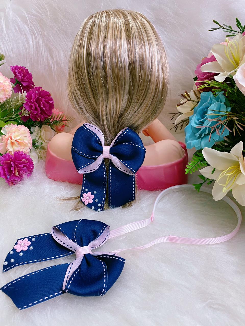 Tiara Infantil Azul Marinho e Rosa Com Enfeites Tik Tok Monó