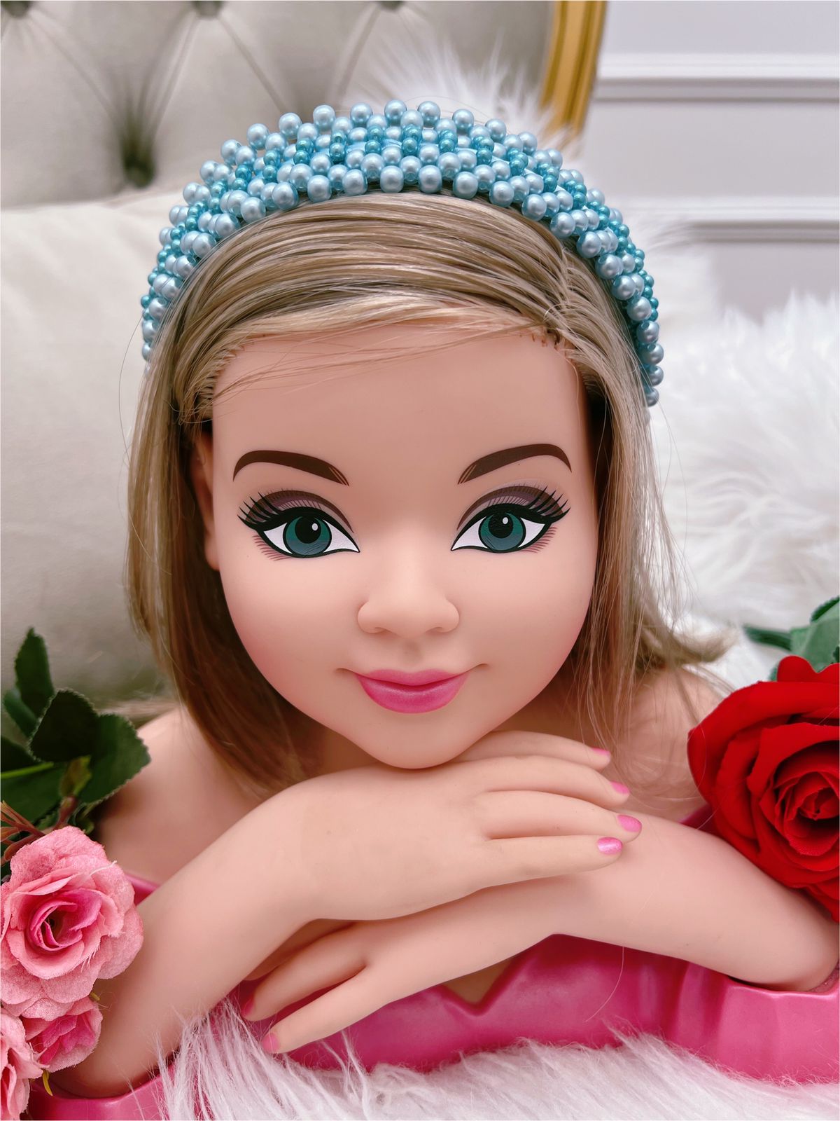 Tiara Infantil de Pérolas Azul Bebê Larga Luxo