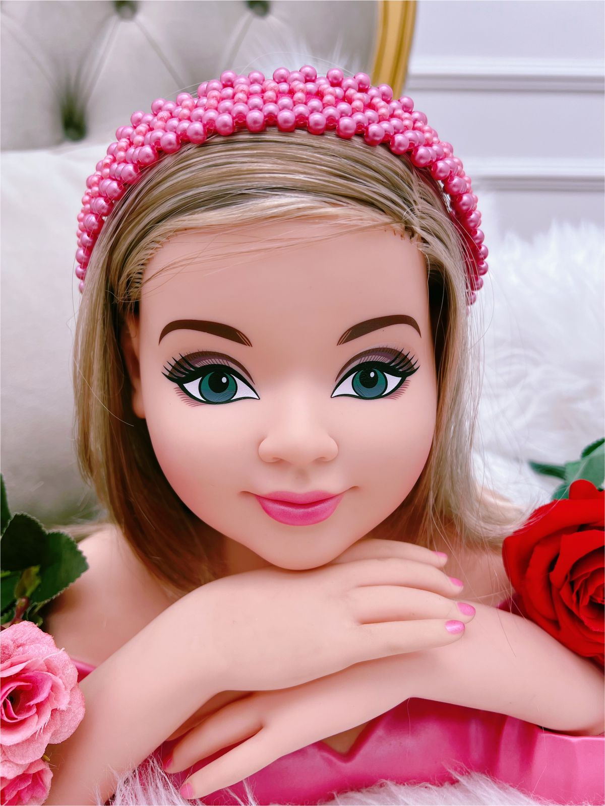 Tiara Infantil de Pérolas Rosa Chiclete Larga Luxo