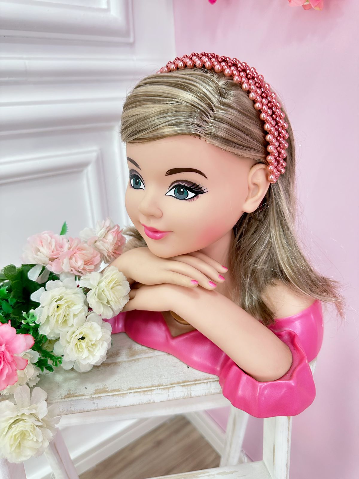 Tiara Infantil de Pérolas Rose e Marsala Larga Luxo