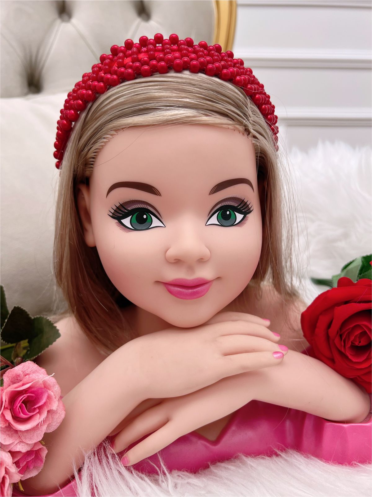 Tiara Infantil de Pérolas Vermelha Larga Luxo