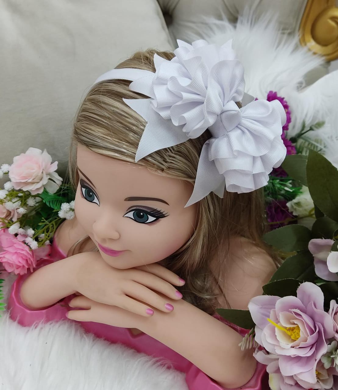 Tiara Infantil Maxx Nó Flower Branca Luxo