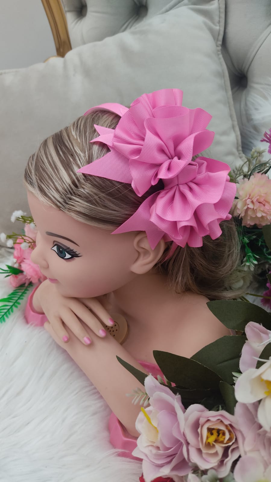 Tiara Infantil Maxx Nó Flower Rosa Chiclete Luxo