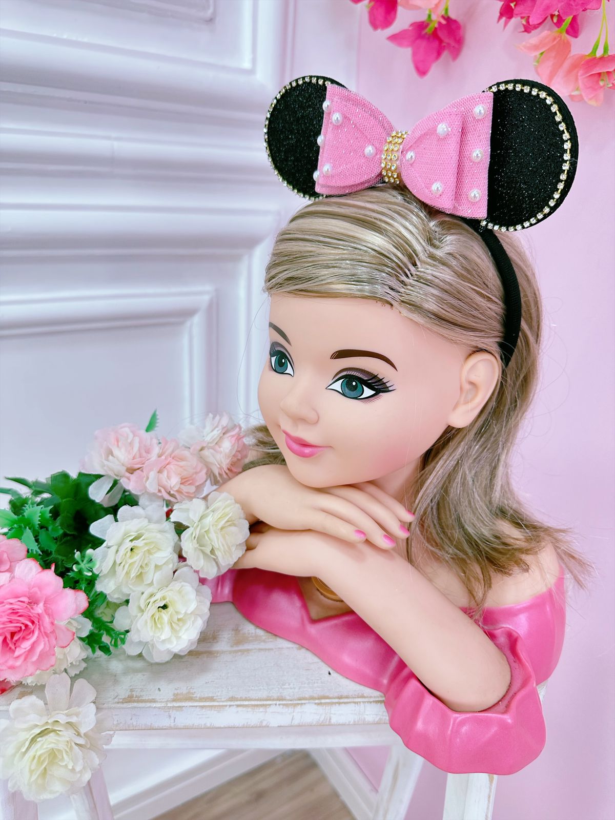 Tiara Infantil Minnie Rosa Chiclete Preta Pérolas Strass Tule
