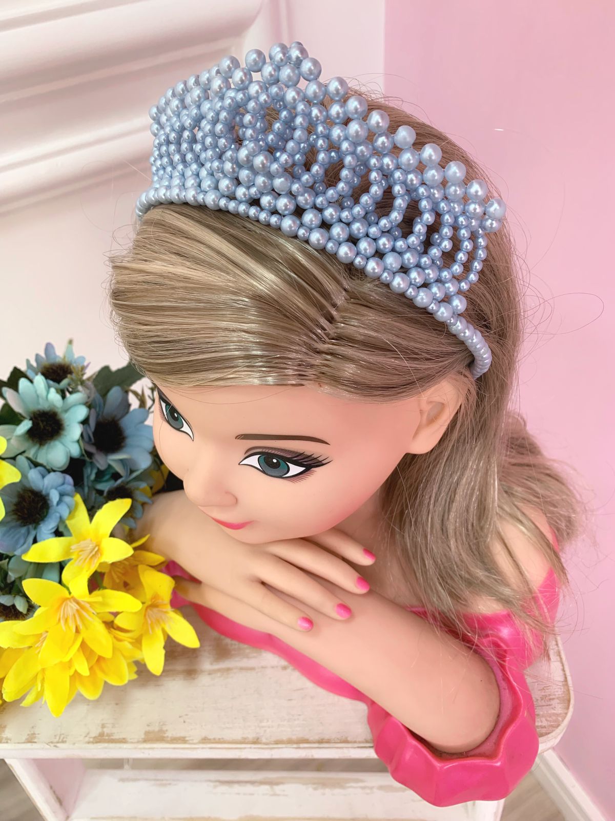 Tiara Infantil Realeza Coroa de Pérolas Azul Super Luxo Rosa Charmosa