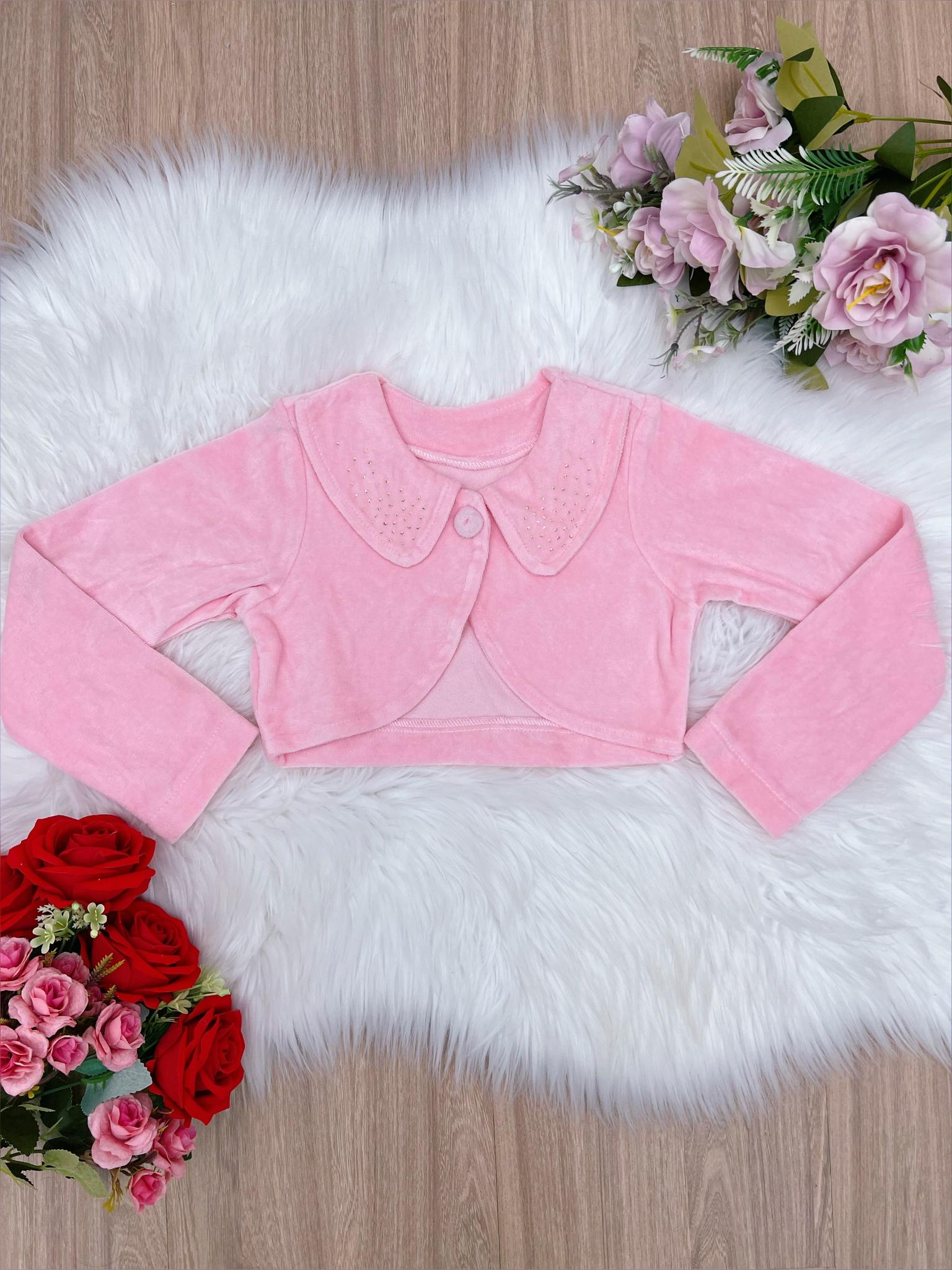 Bolero Infantil Rosa Bebê Plush Com Botão Gola Strass Luxo Rosa