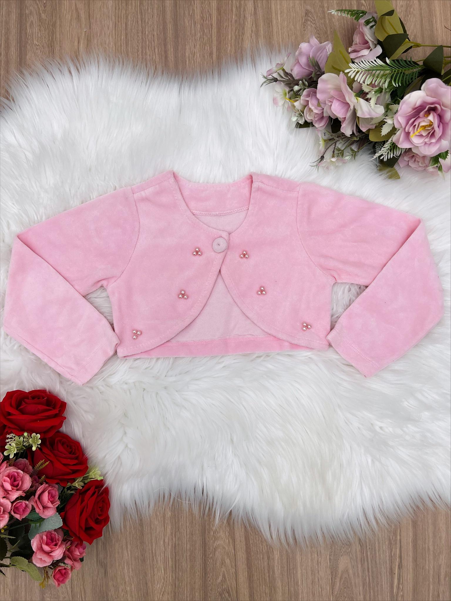 Bolero Infantil Rosa Bebê Plush Luxo Com Botão e Pérolas Rosa