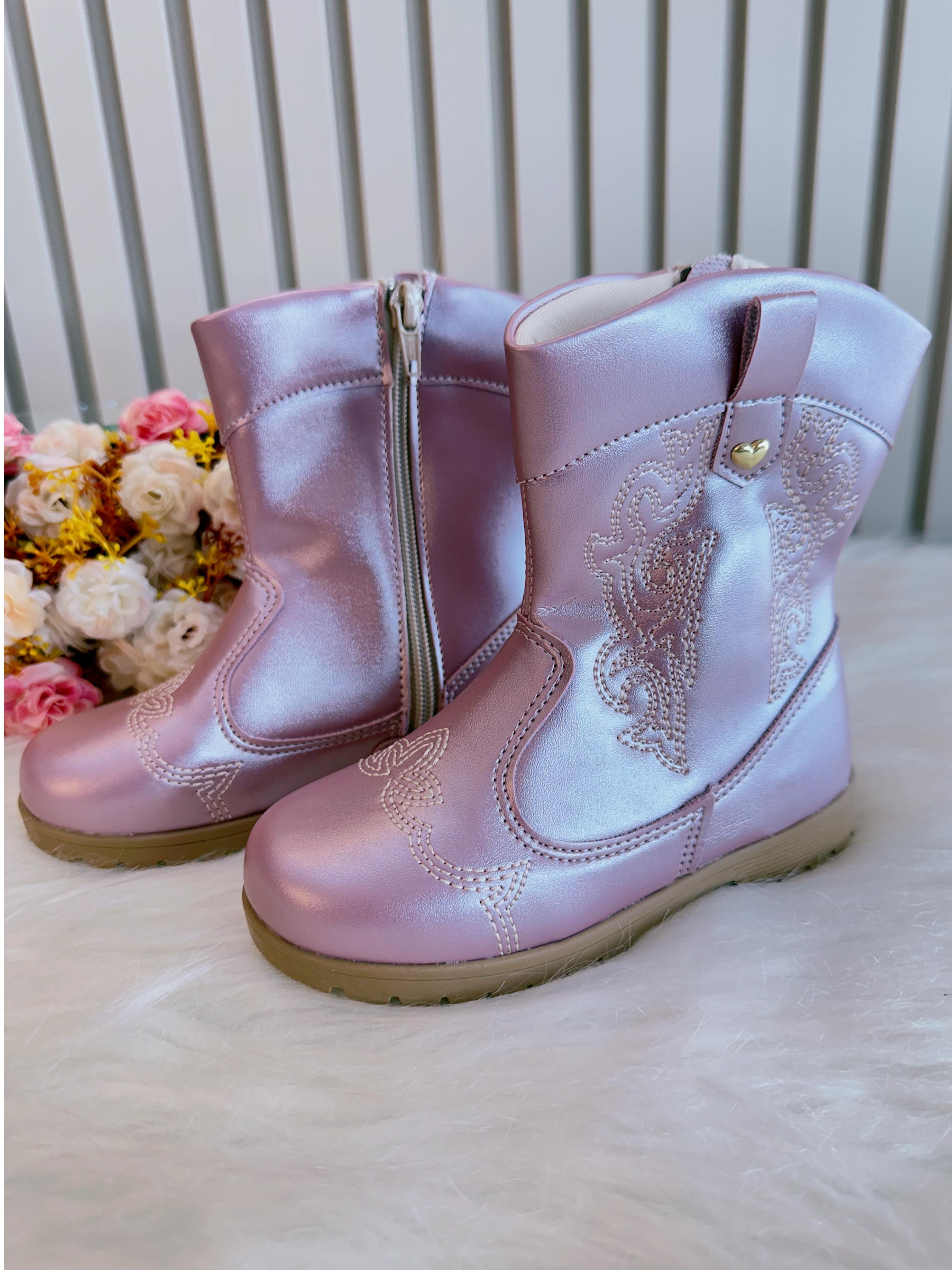 Bota infantil Boiadeira Texana Rose Metalizado Com Zíper Luxo