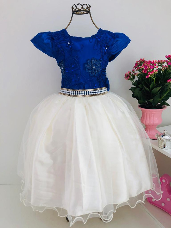 Vestido Infantil Azul Royal Renda Saia Off Cinto Luxo Pérola