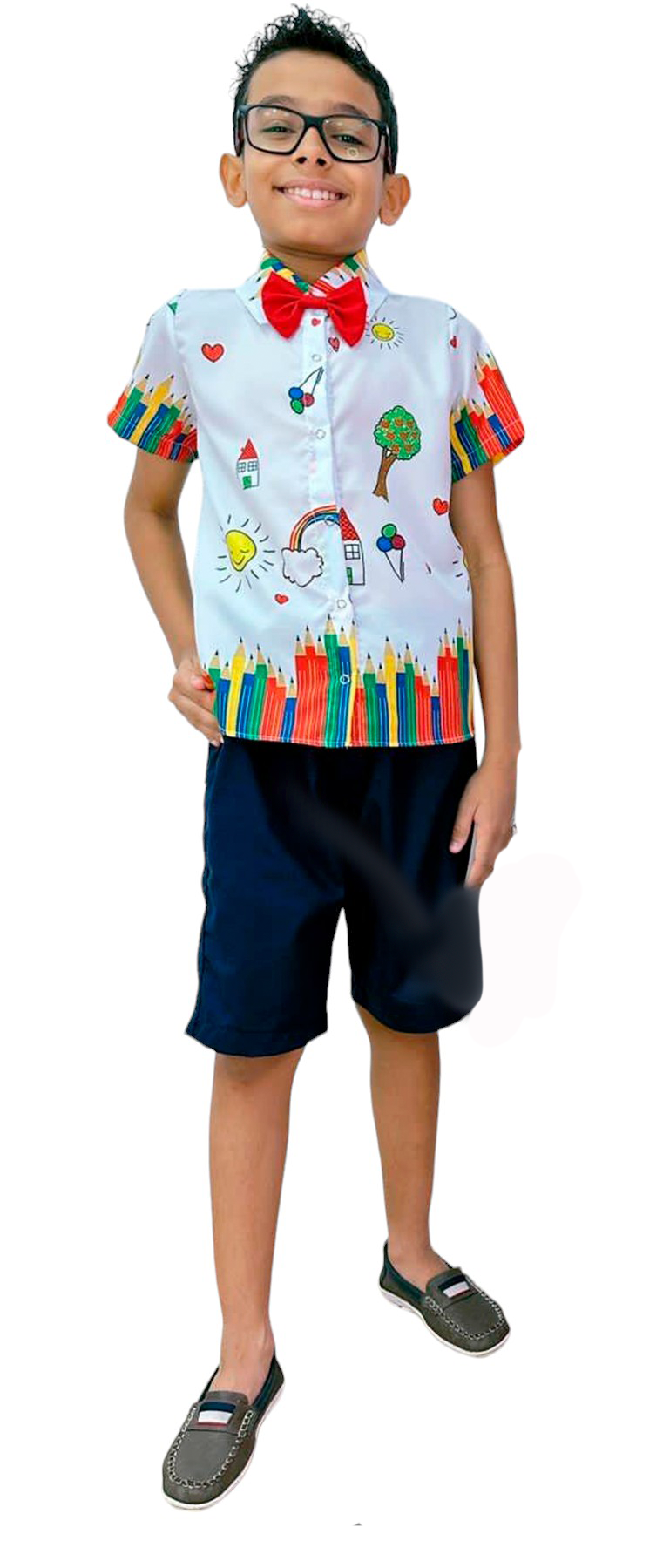 Camisa Infantil Branca Com Botões e Gravatinha Aquarela