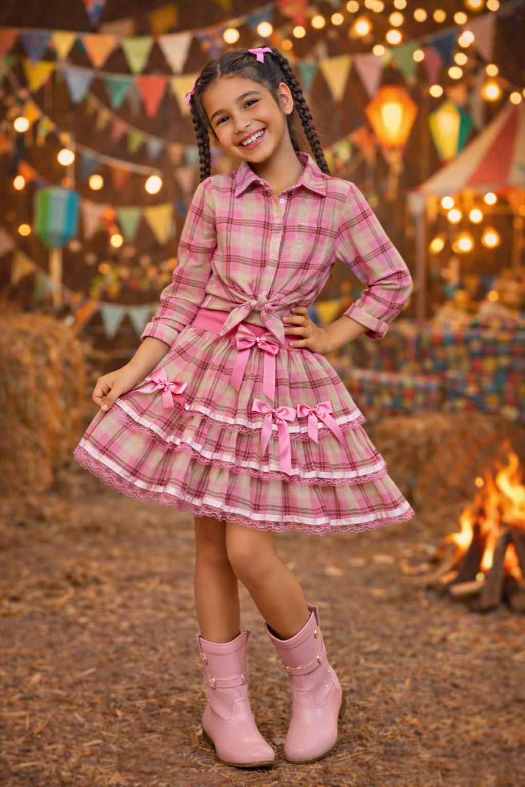 Camisete e Saia Infantil de Flanela Xadrez Rosa Chiclete