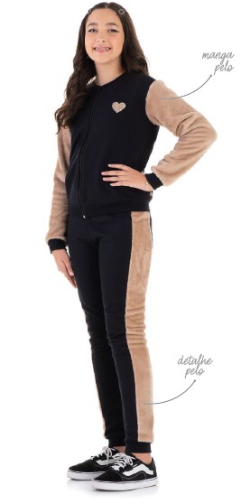 Conjunto de Moletom Blusa C/ Zíper e Calça Preto Marfim