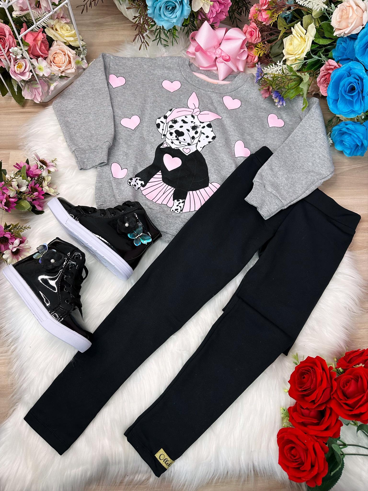 Conjunto de Moletom Blusa Cinza e Calça Legging Preto