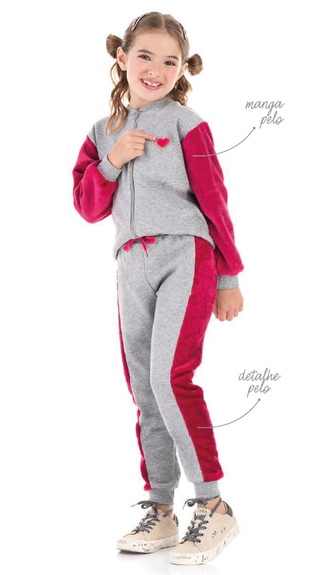 Conjunto de Moletom Blusa Com Zíper e Calça Cinza e Pink