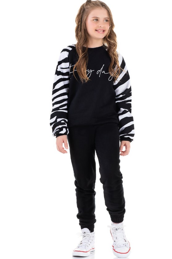 Conjunto de Moletom Blusa e Calça Preto C/ a Manga Listrada