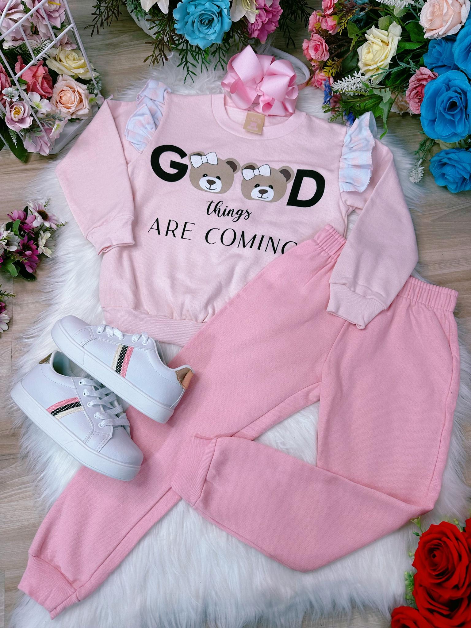 Conjunto de Moletom Blusa e Calça Rosa Meu Ursinho