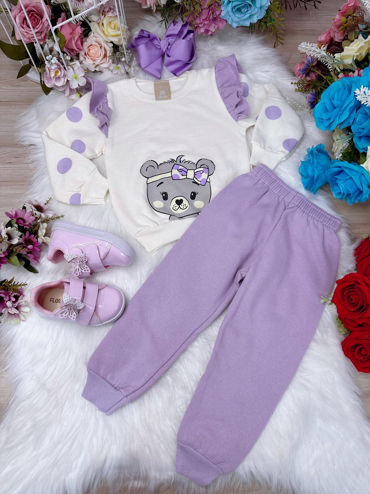 Conjunto de Moletom Blusa Off White Calça Lilás Meu Ursinho