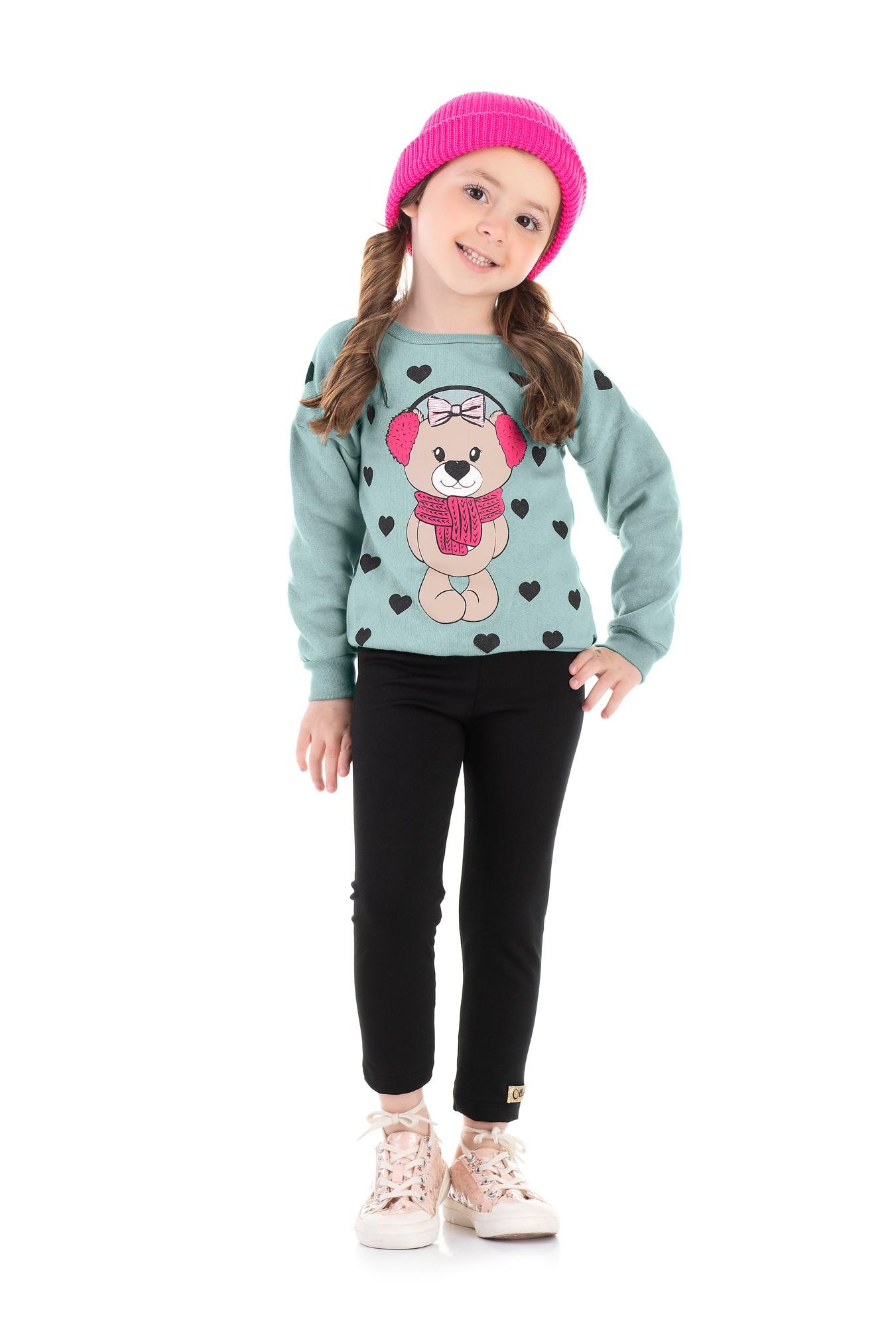 Conjunto de Moletom Blusa Verde e Calça Legging Preto