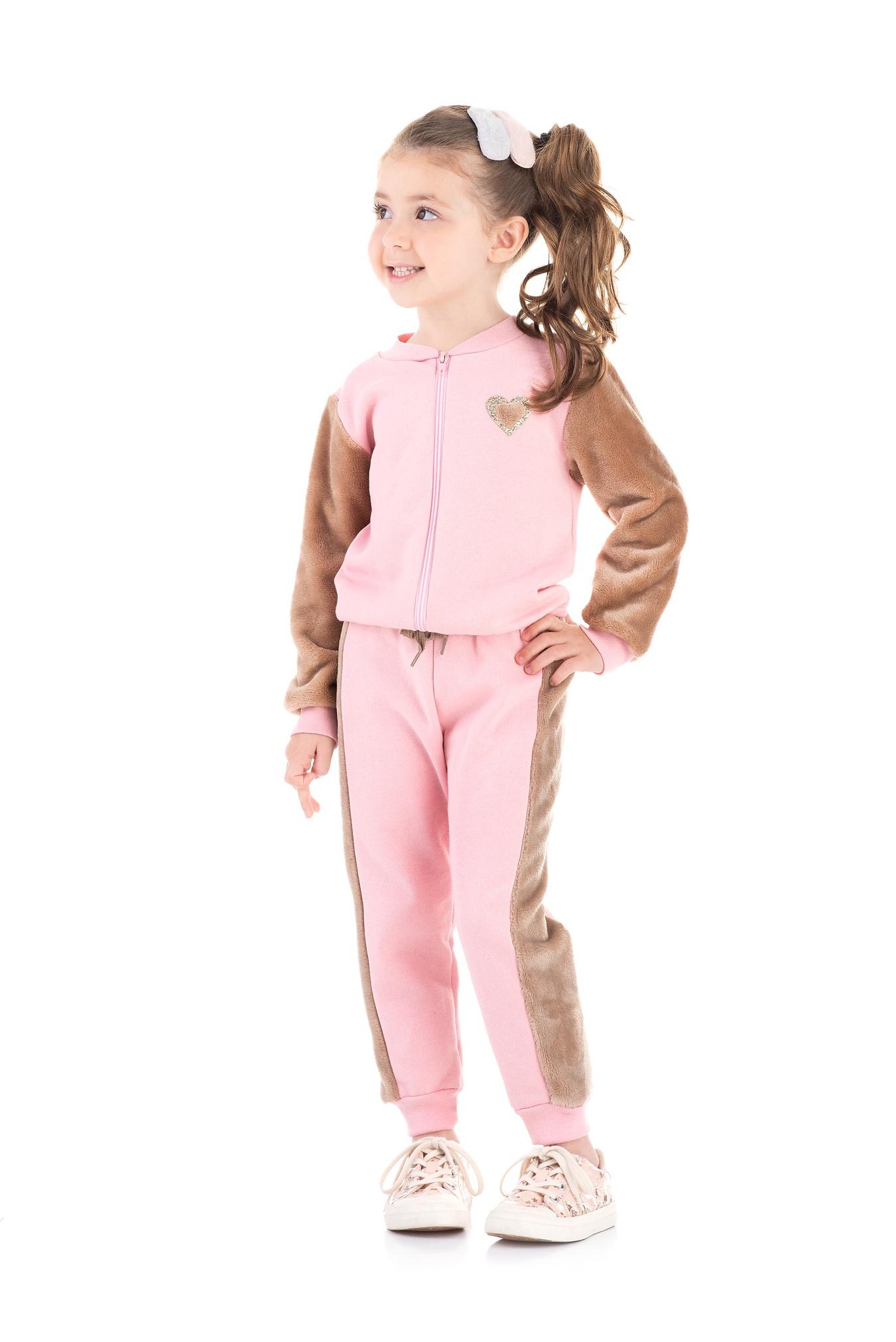Conjunto de Moletom C/ Zíper e Pelúcia Blusa e Calça Rosa