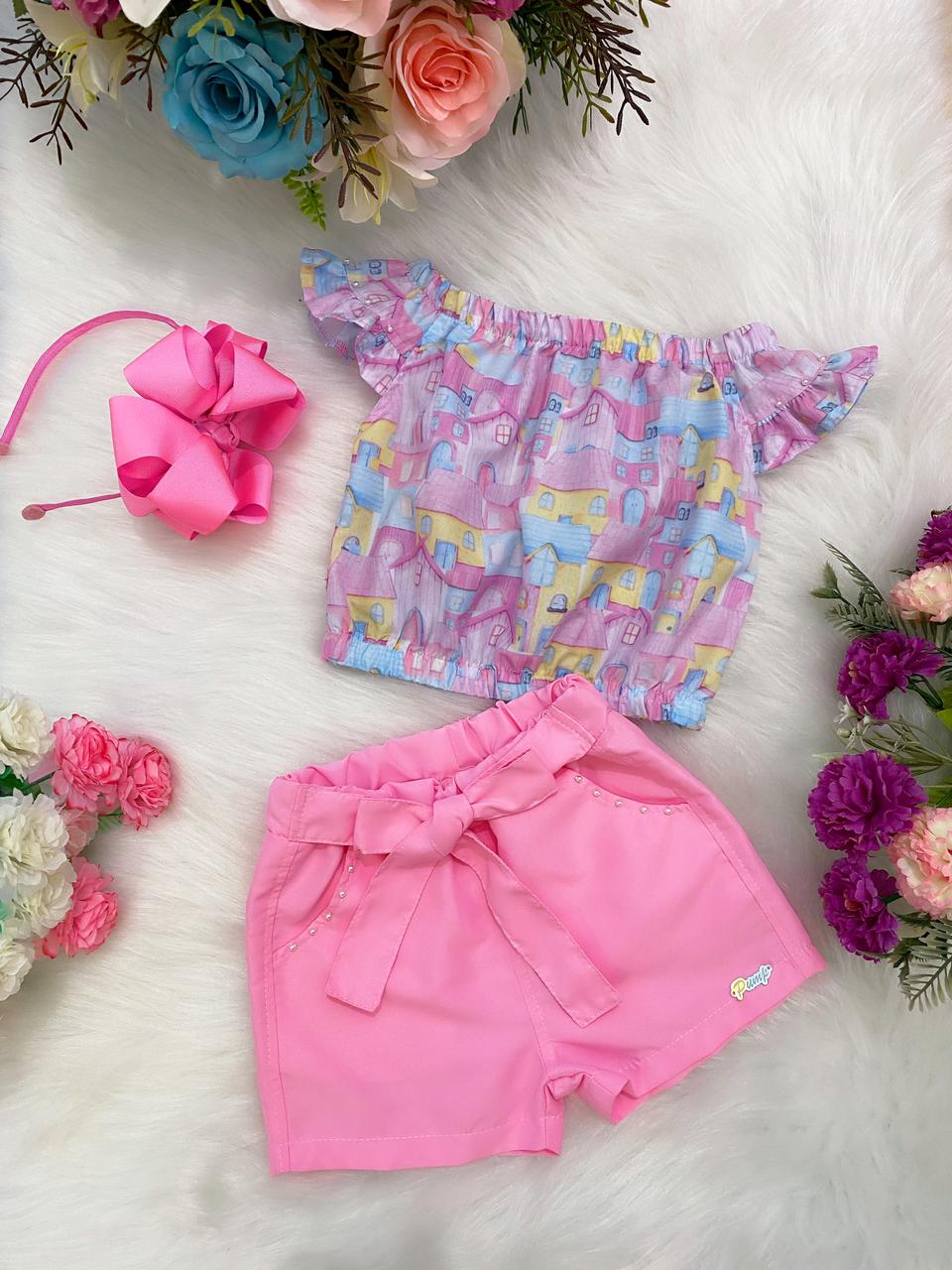 Conjunto Infantil Blusa Colorida Estampada Shorts Rosa Juvenil