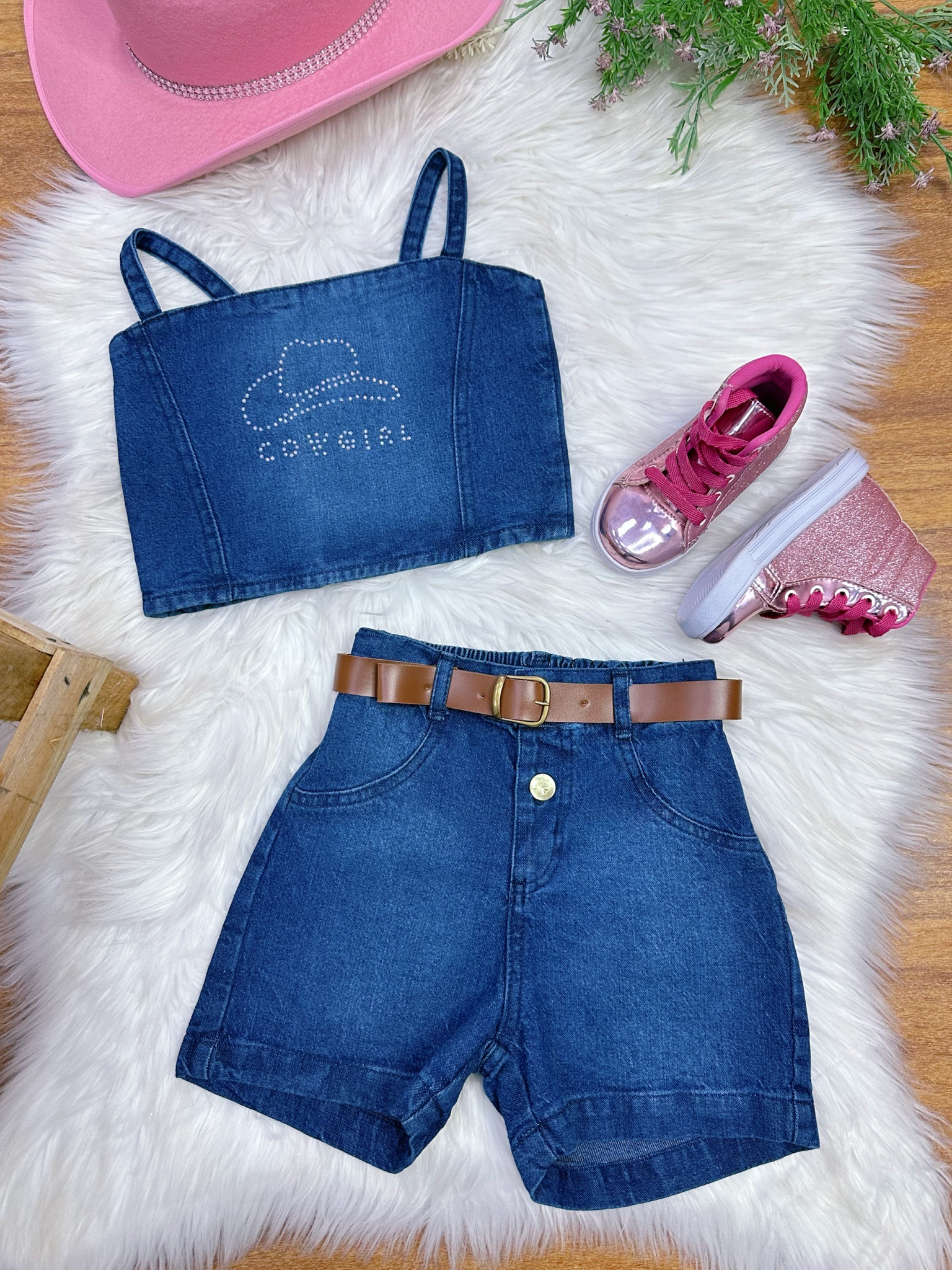 Conjunto Infantil Blusa e Short Jeans Boiadeira Casual