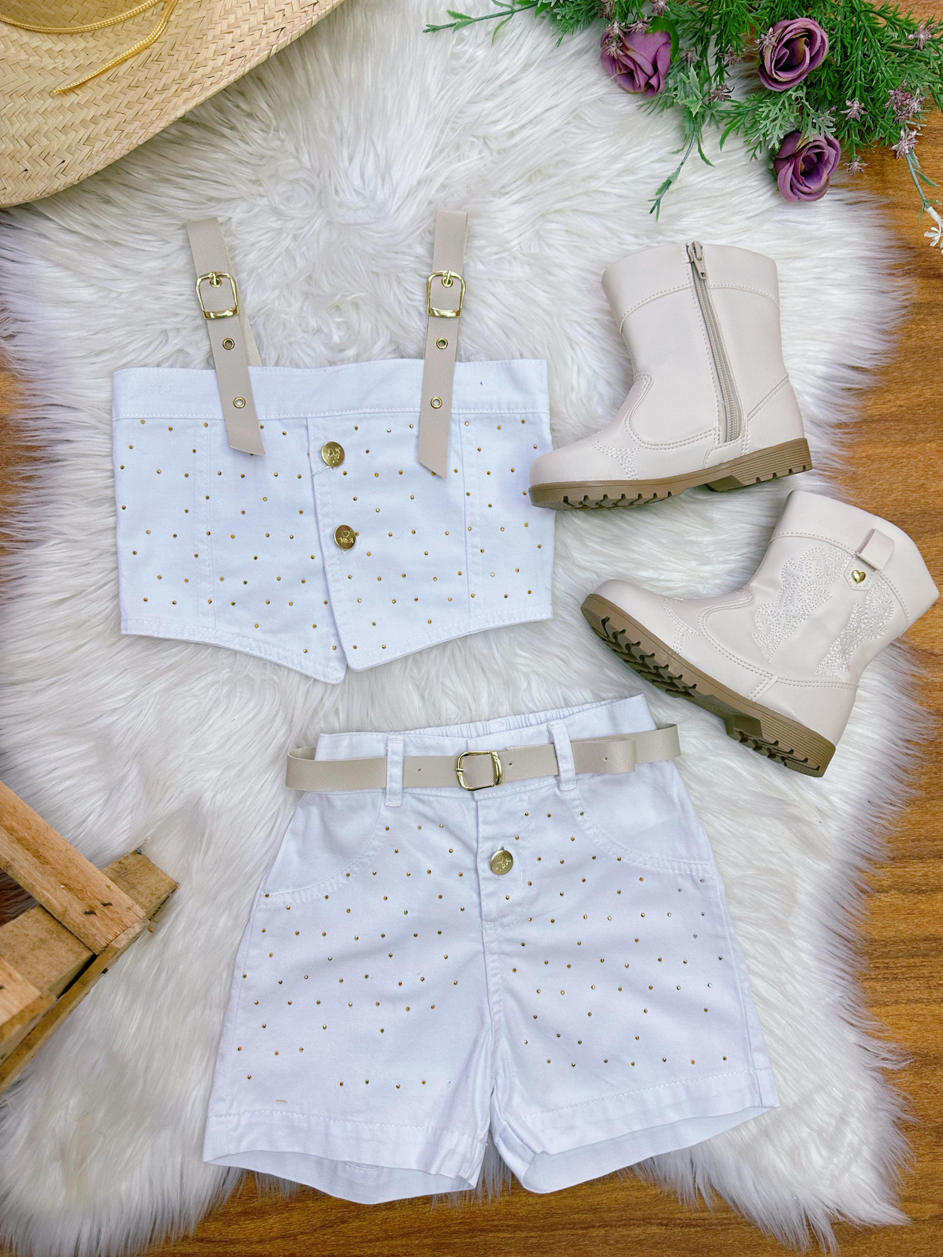 Conjunto Infantil Blusa e Short Sarja Branco Boiadeira Casual