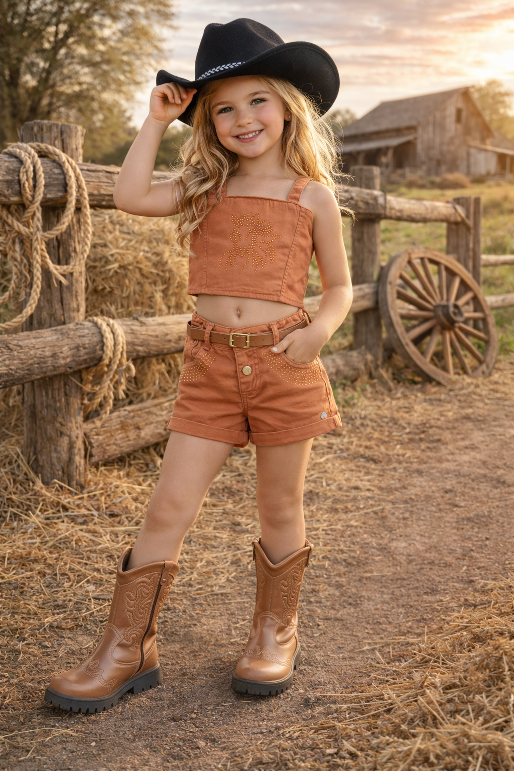 Conjunto Infantil Blusa e Short Sarja Marron Casual Boiadeira