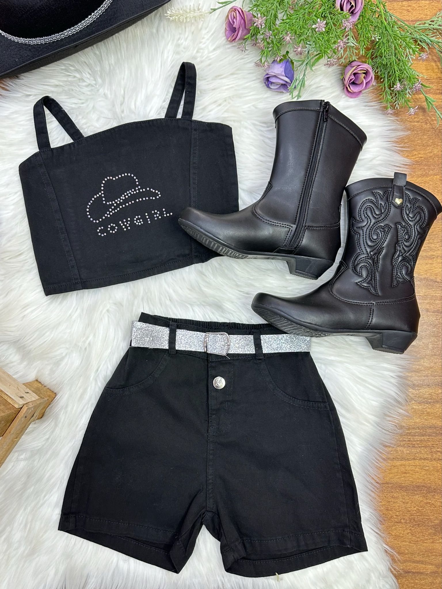 Conjunto Infantil Blusa e Short Sarja Preto Boiadeira Casual