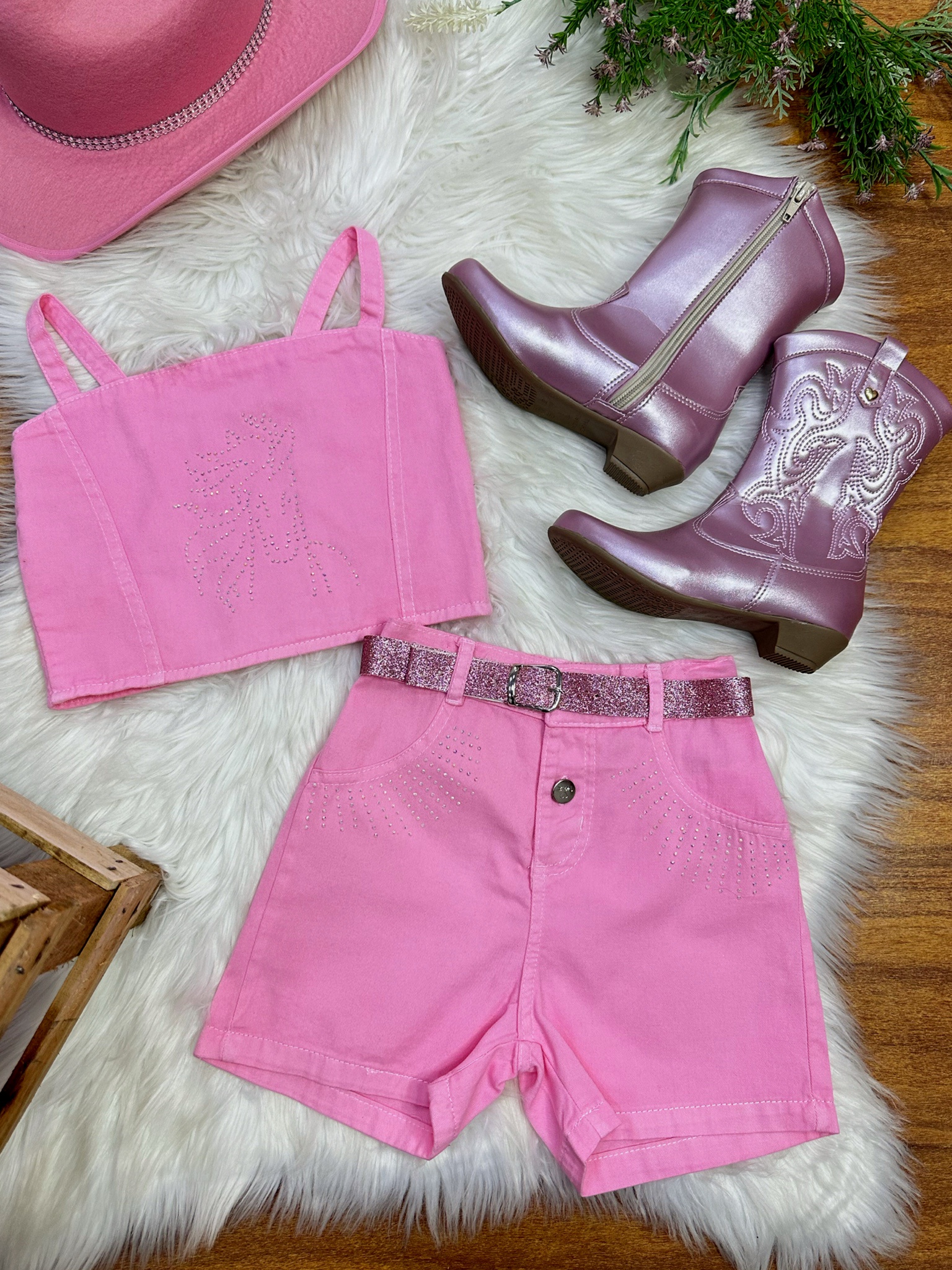 Conjunto Infantil Blusa e Short Sarja Rosa Boiadeira Casual