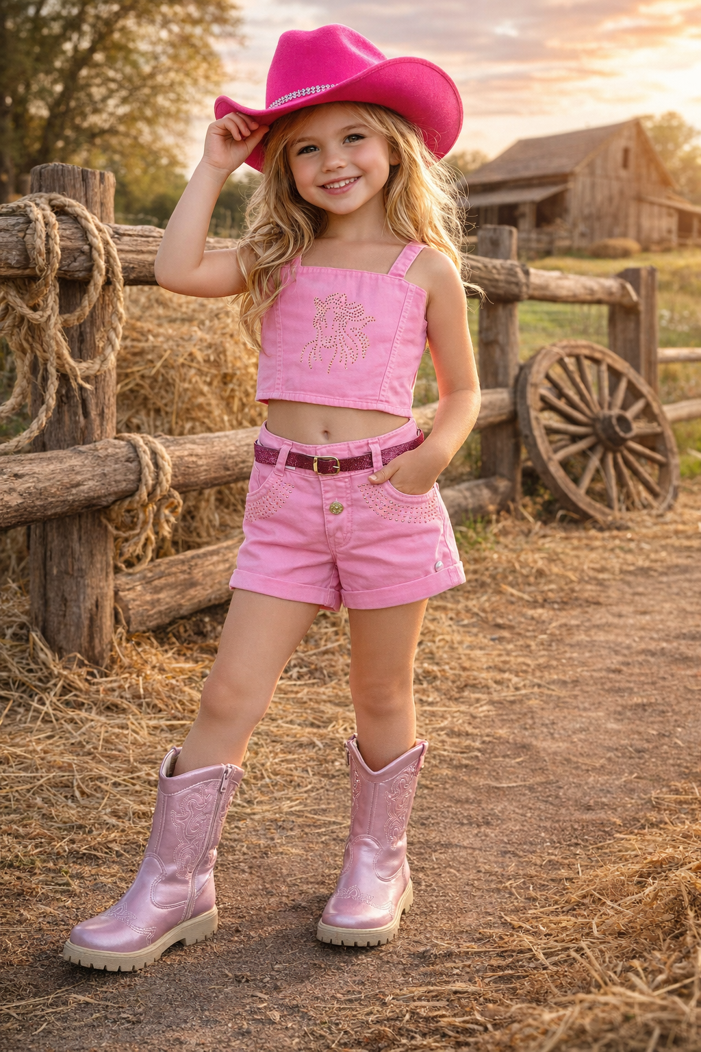 Conjunto Infantil Blusa e Short Sarja Rosa Chiclete Boiadeira Casual