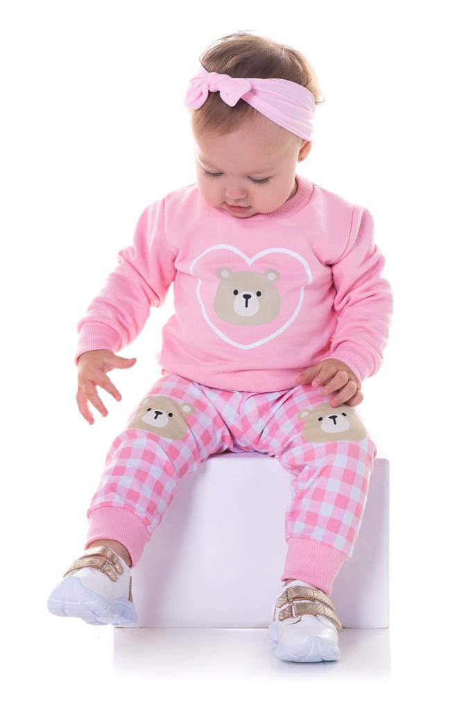 Conjunto Infantil Blusa Moletom Calça Legging Rosa Ursinho