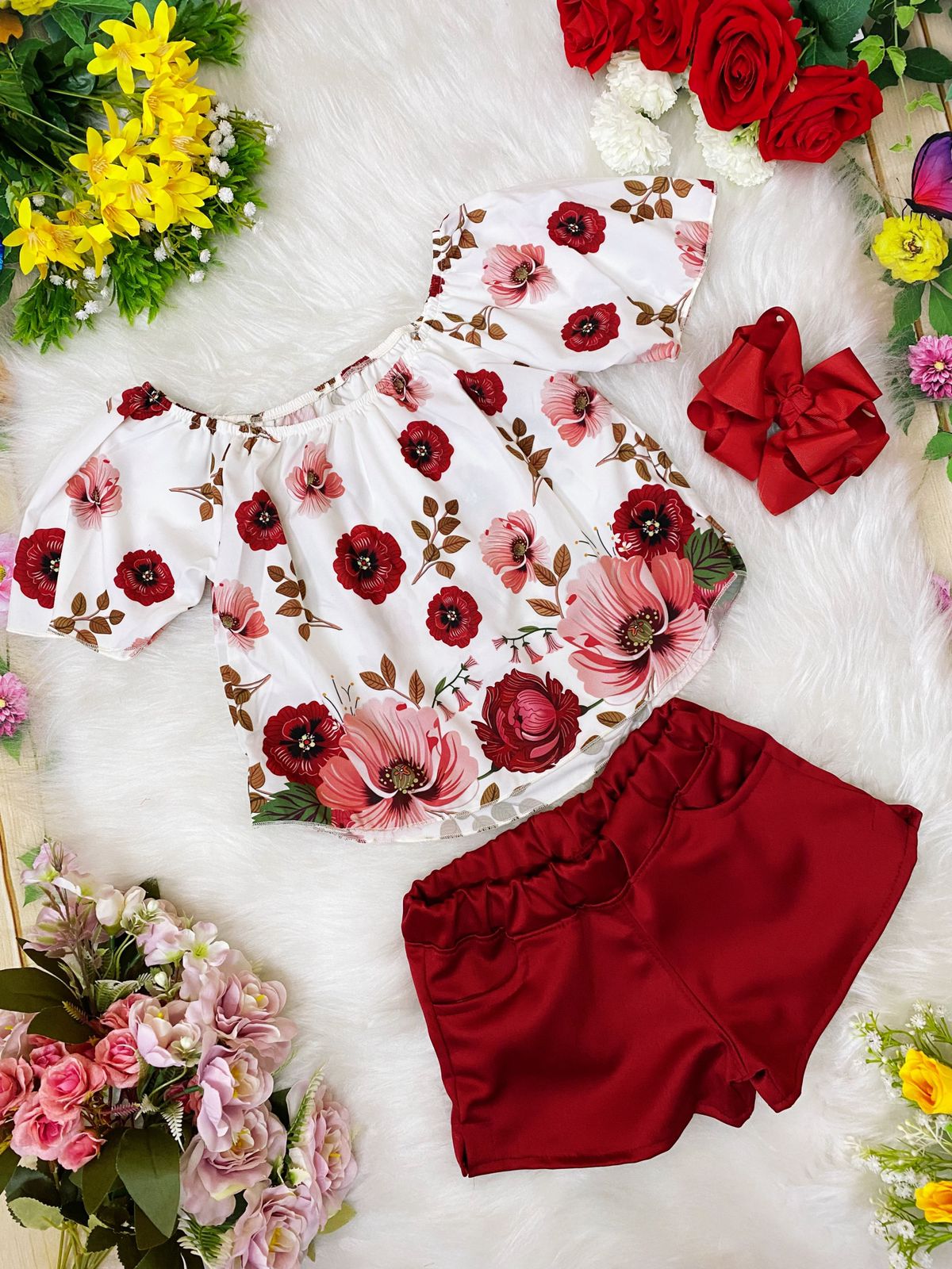 Conjunto Infantil Blusa Off Floral Vermelho Shorts Vermelho