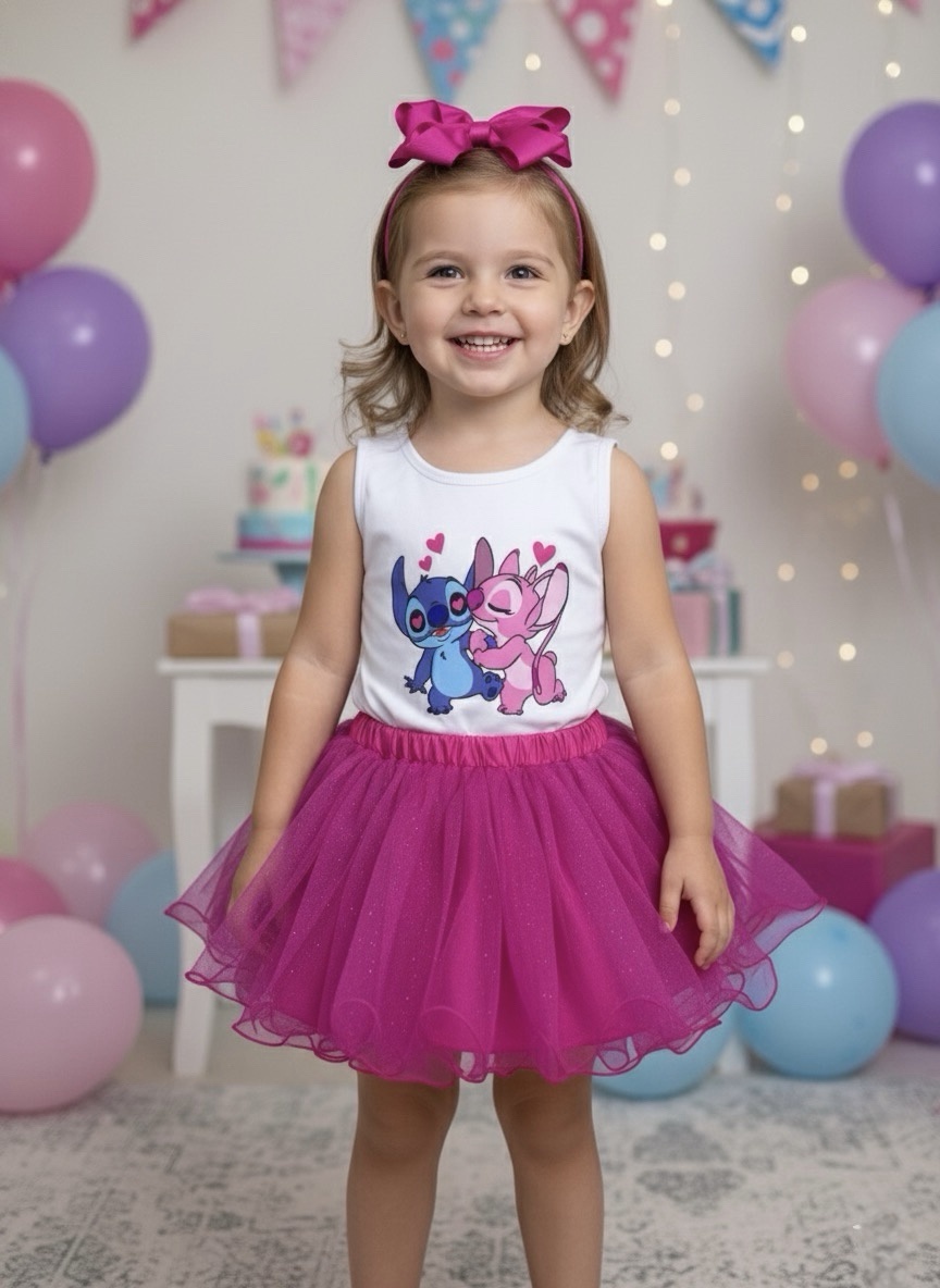 Conjunto Infantil Body e Saia Pink Lilo Stitch e Angel